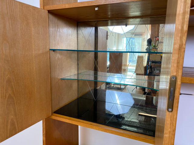 WMK # Stilvolles, minimalistisches Mid-Century Highboard mit verspiegelter Bar & Schiebetüren # Wohnzimmerschrank Sideboard Schrankwand Barschrank Regal Bücherregal Bücherschrank Kommode Vintage 60er