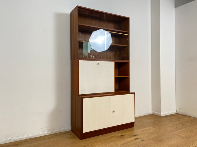 WMK # Stilvolles modulares Mid-Century Highboard, Vollholz in Teak, mit späterer weißer Lackierung # Schrank Bücherschrank Büchervitrine Barschrank Vitrine Regalwand Schrankwand Regal Teakholz Vintage