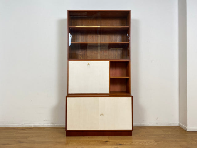 WMK # Stilvolles modulares Mid-Century Highboard, Vollholz in Teak, mit späterer weißer Lackierung # Schrank Bücherschrank Büchervitrine Barschrank Vitrine Regalwand Schrankwand Regal Teakholz Vintage