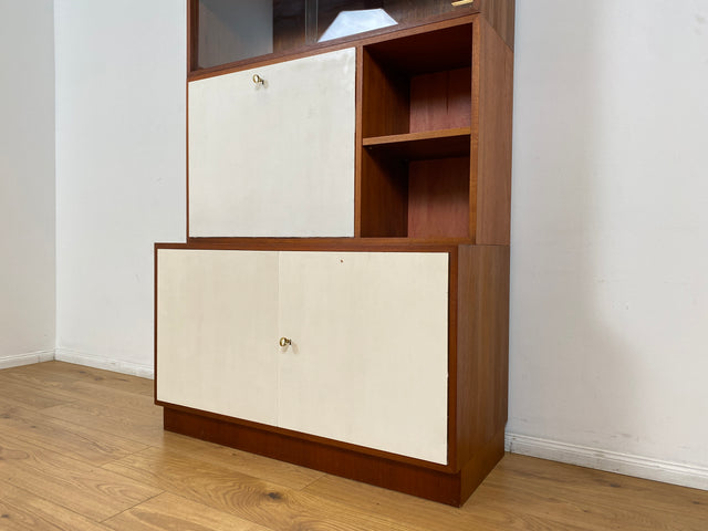WMK # Stilvolles modulares Mid-Century Highboard, Vollholz in Teak, mit späterer weißer Lackierung # Schrank Bücherschrank Büchervitrine Barschrank Vitrine Regalwand Schrankwand Regal Teakholz Vintage