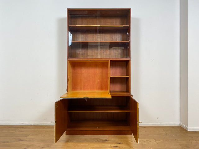 WMK # Stilvolles modulares Mid-Century Highboard, Vollholz in Teak, mit späterer weißer Lackierung # Schrank Bücherschrank Büchervitrine Barschrank Vitrine Regalwand Schrankwand Regal Teakholz Vintage