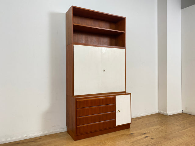 WMK # Stilvolles modulares Mid-Century Highboard, Vollholz in Teak, mit Schubladen & späterer weißer Lackierung # Schrank Bücherschrank Regalwand Schrankwand Regal Sideboard Kommode Teakholz Vintage