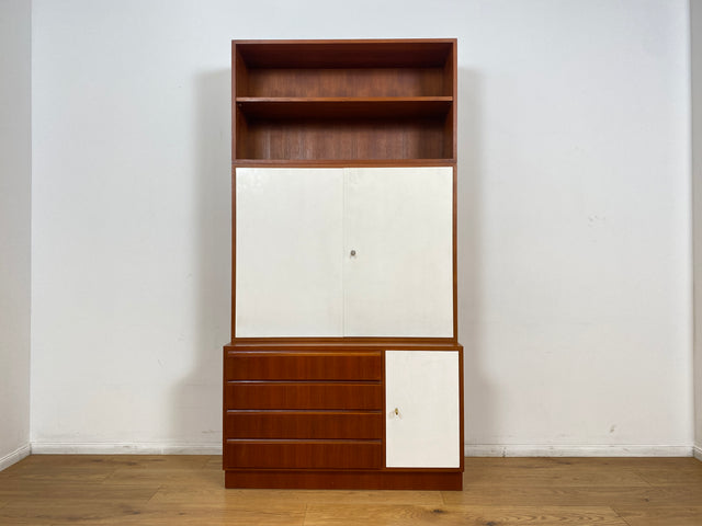 WMK # Stilvolles modulares Mid-Century Highboard, Vollholz in Teak, mit Schubladen & späterer weißer Lackierung # Schrank Bücherschrank Regalwand Schrankwand Regal Sideboard Kommode Teakholz Vintage