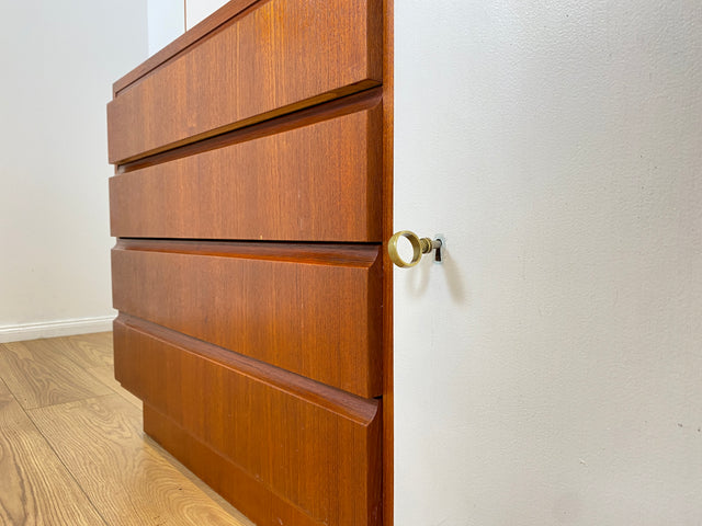 WMK # Stilvolles modulares Mid-Century Highboard, Vollholz in Teak, mit Schubladen & späterer weißer Lackierung # Schrank Bücherschrank Regalwand Schrankwand Regal Sideboard Kommode Teakholz Vintage