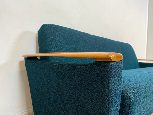 WMK I Stilvolles Mid-Century Klappsofa mit verstellb. Armlehnen, Bettwäschefach & petrol blauem Originalbezug I Sofa Couch 3-Sitzer 3er Daybed Sitzgarnitur Schlaf Klapp Retro Vintage 60er Berlin Köln