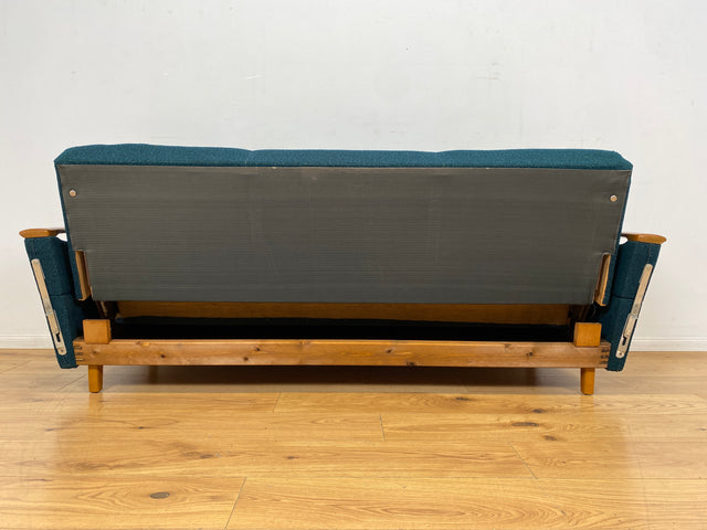 WMK I Stilvolles Mid-Century Klappsofa mit verstellb. Armlehnen, Bettwäschefach & petrol blauem Originalbezug I Sofa Couch 3-Sitzer 3er Daybed Sitzgarnitur Schlaf Klapp Retro Vintage 60er Berlin Köln