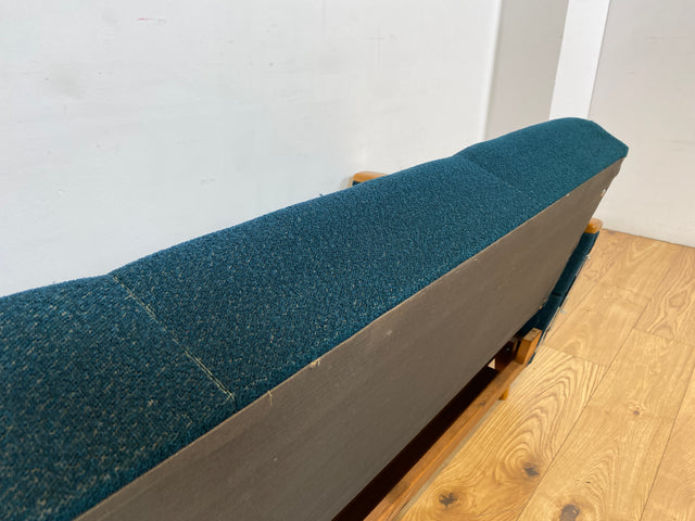WMK I Stilvolles Mid-Century Klappsofa mit verstellb. Armlehnen, Bettwäschefach & petrol blauem Originalbezug I Sofa Couch 3-Sitzer 3er Daybed Sitzgarnitur Schlaf Klapp Retro Vintage 60er Berlin Köln