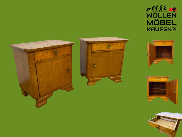 WMK 1/2 Schöner Mid-Century Nachttisch aus vollem Holz mit Schublade und Messinggriffen I Nachtschank Nachtschränkchen Nachtkommode Kommode Night Stand Art Deco Vintage 50er 60er Berlin Bochum Halle