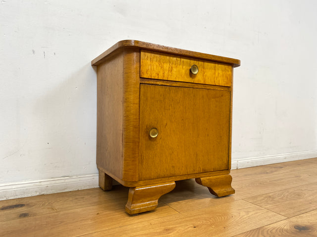 WMK 1/2 Schöner Mid-Century Nachttisch aus vollem Holz mit Schublade und Messinggriffen I Nachtschank Nachtschränkchen Nachtkommode Kommode Night Stand Art Deco Vintage 50er 60er Berlin Bochum Halle