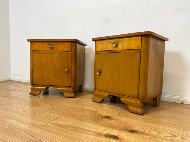 WMK 1/2 Schöner Mid-Century Nachttisch aus vollem Holz mit Schublade und Messinggriffen I Nachtschank Nachtschränkchen Nachtkommode Kommode Night Stand Art Deco Vintage 50er 60er Berlin Bochum Halle