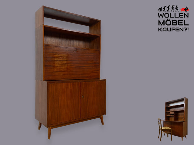 WMK I Schöner Mid-Century Schreibschrank, Vollholz I Sekretär Schreibkommode Schreibtisch Desk Bücherschrank Bücherregal Schrankwand Regalwand Kommode Vintage 50er 60er I Berlin Leipzig Hannover