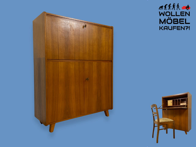 WMK I Sehr schöner Mid-Century Schreibschrank aus vollem Holz in Nussbaum, 1961 I Sekretär Schreibkommode Schreibtisch Highboard Kommode Barschrank Schrank Vintage 60er I Berlin Stuttgart Bielefeld