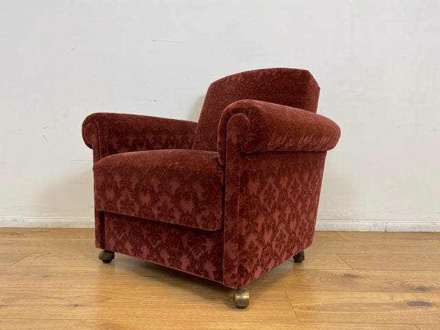 WMK # 1/2 Gemütlicher und sehr gut erhaltener Mid-Century Sessel auf Rollen mit bequemen Federkernsitz & bordeaux rotem Samt Bezug # Clubsessel Lesesessel Stuhl Armchair Brokat Vintage Retro 50er 60er