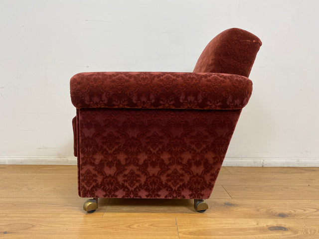 WMK # 1/2 Gemütlicher und sehr gut erhaltener Mid-Century Sessel auf Rollen mit bequemen Federkernsitz & bordeaux rotem Samt Bezug # Clubsessel Lesesessel Stuhl Armchair Brokat Vintage Retro 50er 60er