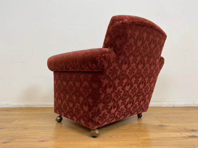 WMK # 1/2 Gemütlicher und sehr gut erhaltener Mid-Century Sessel auf Rollen mit bequemen Federkernsitz & bordeaux rotem Samt Bezug # Clubsessel Lesesessel Stuhl Armchair Brokat Vintage Retro 50er 60er