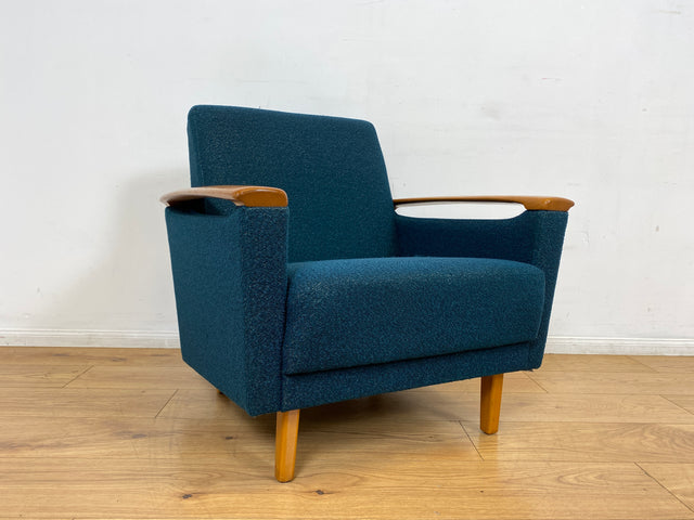 WMK I Stilvoller Mid-Century Sessel in petrol blauem Originalbezug mit Holz Armlehnen I Clubsessel Loungesessel Lesesessel Armchair Chair Sitzgarnitur Retro Vintage 50er 60er Berlin Hamburg München