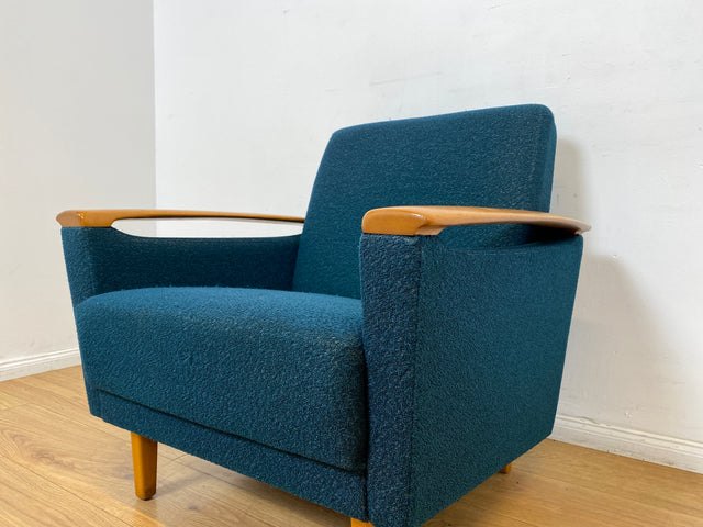 WMK I Stilvoller Mid-Century Sessel in petrol blauem Originalbezug mit Holz Armlehnen I Clubsessel Loungesessel Lesesessel Armchair Chair Sitzgarnitur Retro Vintage 50er 60er Berlin Hamburg München