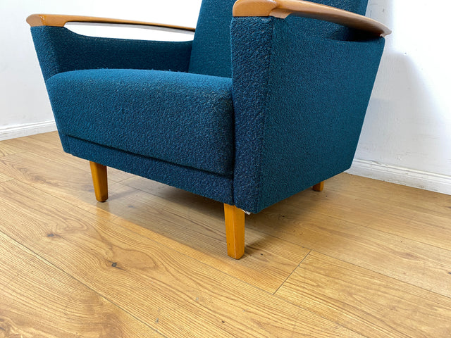 WMK I Stilvoller Mid-Century Sessel in petrol blauem Originalbezug mit Holz Armlehnen I Clubsessel Loungesessel Lesesessel Armchair Chair Sitzgarnitur Retro Vintage 50er 60er Berlin Hamburg München