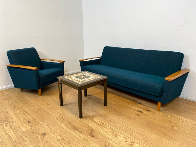 WMK I Stilvoller Mid-Century Sessel in petrol blauem Originalbezug mit Holz Armlehnen I Clubsessel Loungesessel Lesesessel Armchair Chair Sitzgarnitur Retro Vintage 50er 60er Berlin Hamburg München