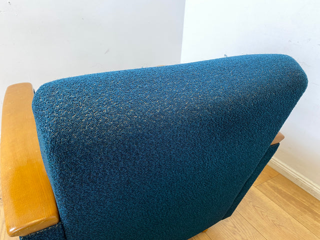 WMK I Stilvoller Mid-Century Sessel in petrol blauem Originalbezug mit Holz Armlehnen I Clubsessel Loungesessel Lesesessel Armchair Chair Sitzgarnitur Retro Vintage 50er 60er Berlin Hamburg München