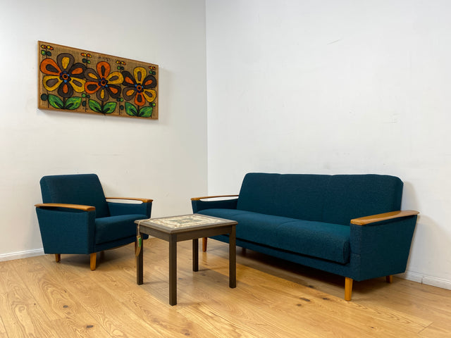 WMK I Stilvoller Mid-Century Sessel in petrol blauem Originalbezug mit Holz Armlehnen I Clubsessel Loungesessel Lesesessel Armchair Chair Sitzgarnitur Retro Vintage 50er 60er Berlin Hamburg München