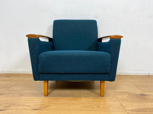 WMK I Stilvoller Mid-Century Sessel in petrol blauem Originalbezug mit Holz Armlehnen I Clubsessel Loungesessel Lesesessel Armchair Chair Sitzgarnitur Retro Vintage 50er 60er Berlin Hamburg München