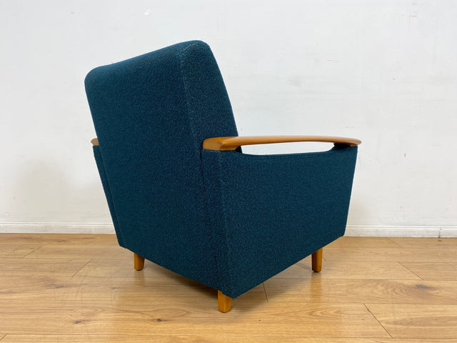 WMK I Stilvoller Mid-Century Sessel in petrol blauem Originalbezug mit Holz Armlehnen I Clubsessel Loungesessel Lesesessel Armchair Chair Sitzgarnitur Retro Vintage 50er 60er Berlin Hamburg München