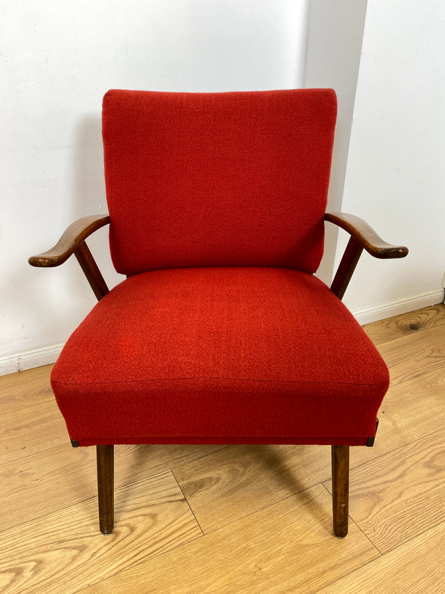 WMK I 1/2 Eleganter und gut erhaltener Mid-Century Sessel mit bequemen Federkernsitz & rotem Originalbezug I Clubsessel Lesesessel Armlehnsessel Sitzgruppe 50er 60er Vintage Berlin Hamburg Düsseldorf