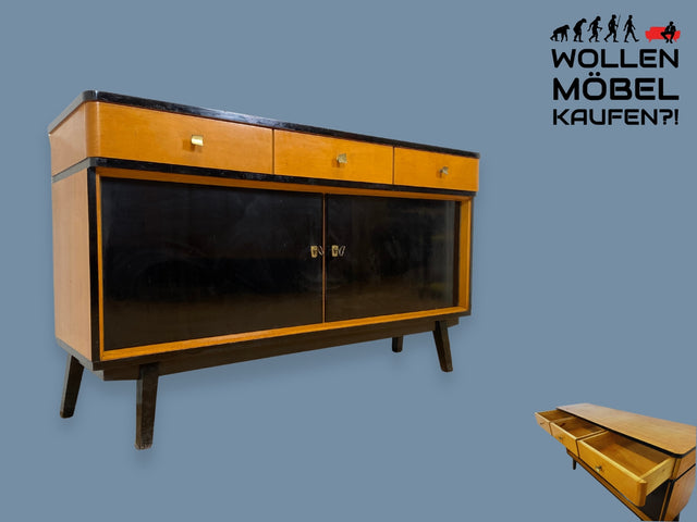 WMK I Sehr schöner Mid-Century Sideboard aus vollem Holz mit Schubladen & Messinggriffen I Anrichte Kommode Schrank Fernsehschrank TV Bank Rockabilly 50er 60er Vintage I Berlin Frankfurt Hamburg