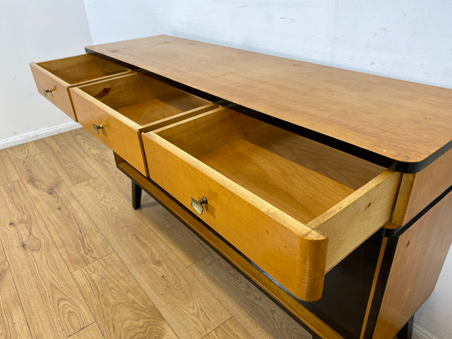 WMK I Sehr schöner Mid-Century Sideboard aus vollem Holz mit Schubladen & Messinggriffen I Anrichte Kommode Schrank Fernsehschrank TV Bank Rockabilly 50er 60er Vintage I Berlin Frankfurt Hamburg