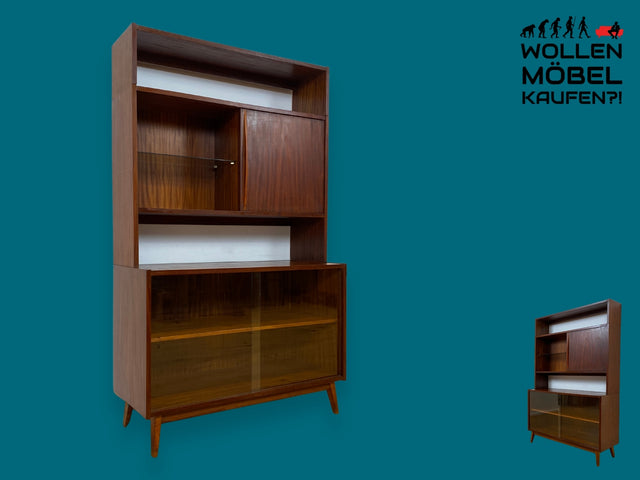 WMK I Schöne Mid-Century Vitrine mit Schiebetüren, Vollholz I Highboard Glasvitrine Büchervitrine Bücherschrank Bücherregal Schrankwand Regalwand Kommode Vintage 50er 60er I Berlin Frankfurt München