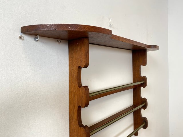 WMK I Schönes Mid-Century Wandregal für Geschirrtücher / Handtücher I Vollholz mit Messingstangen I Wand Regal Handtuchhalter Geschirrtuchhalter Küchenregal Küchenwandregal Holzregal Bad Vintage 50er