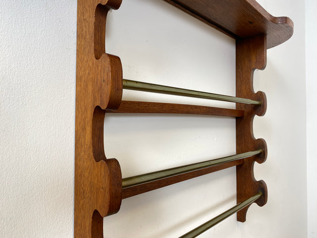 WMK I Schönes Mid-Century Wandregal für Geschirrtücher / Handtücher I Vollholz mit Messingstangen I Wand Regal Handtuchhalter Geschirrtuchhalter Küchenregal Küchenwandregal Holzregal Bad Vintage 50er