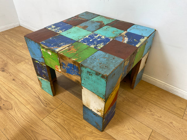 Boatwood by WMK I 100% nachhaltiger Couchtisch aus altem Bootsholz I handgefertigt aus Teakholz massiv I für In & Outdoor I bunter Wohnzimmertisch Beistelltisch Sofatisch Coffee Table Würfel Treibholz
