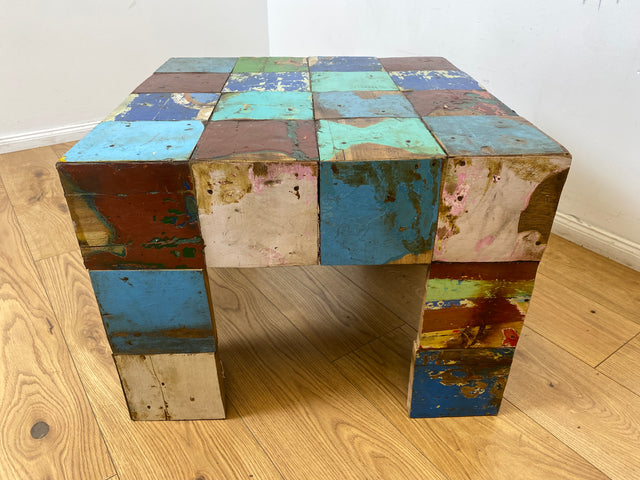 Boatwood by WMK I 100% nachhaltiger Couchtisch aus altem Bootsholz I handgefertigt aus Teakholz massiv I für In & Outdoor I bunter Wohnzimmertisch Beistelltisch Sofatisch Coffee Table Würfel Treibholz