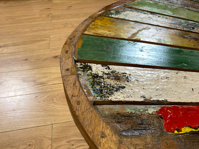 Boatwood by WMK I Einzigartiger bunter Nierentisch aus altem Bootsholz I ein handmade Unikat aus massivem Teakholz in Originalfarben I Couchtisch Wohnzimmertisch Coffee Table Berlin Hamburg Duisburg