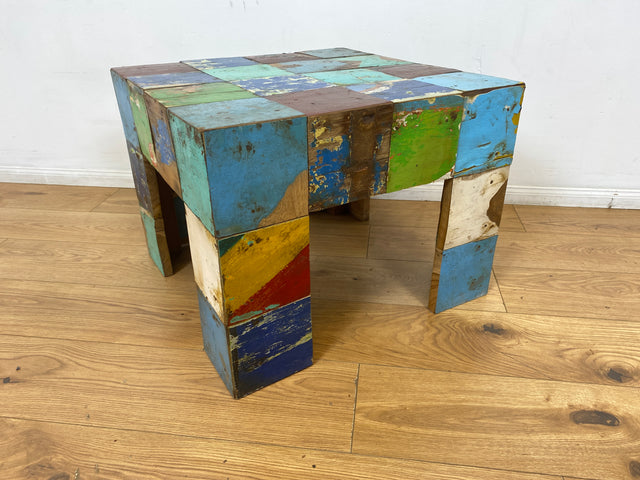 Boatwood by WMK I 100% nachhaltiger Couchtisch aus altem Bootsholz I handgefertigt aus Teakholz massiv I für In & Outdoor I bunter Wohnzimmertisch Beistelltisch Sofatisch Coffee Table Würfel Treibholz