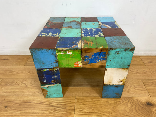 Boatwood by WMK I 100% nachhaltiger Couchtisch aus altem Bootsholz I handgefertigt aus Teakholz massiv I für In & Outdoor I bunter Wohnzimmertisch Beistelltisch Sofatisch Coffee Table Würfel Treibholz