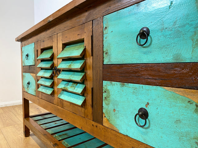 Boatwood by WMK I Nachhaltige Anrichte aus altem Bootsholz I handgefertigtes Unikat I Teakholz massiv I Schrank Sideboard Kommode Tresen Küchenschrank Büfett Buffet Flurkommode Berlin Rostock Hamburg