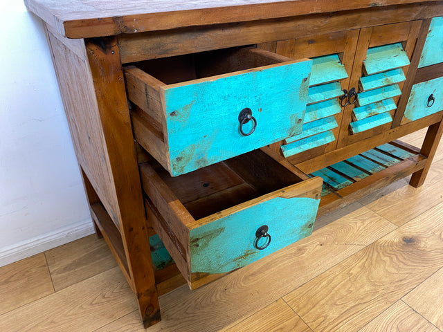 Boatwood by WMK I Nachhaltige Anrichte aus altem Bootsholz I handgefertigtes Unikat I Teakholz massiv I Schrank Sideboard Kommode Tresen Küchenschrank Büfett Buffet Flurkommode Berlin Rostock Hamburg