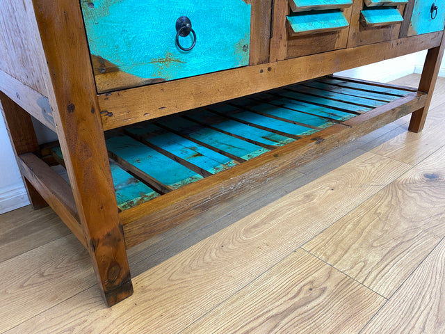 Boatwood by WMK I Nachhaltige Anrichte aus altem Bootsholz I handgefertigtes Unikat I Teakholz massiv I Schrank Sideboard Kommode Tresen Küchenschrank Büfett Buffet Flurkommode Berlin Rostock Hamburg