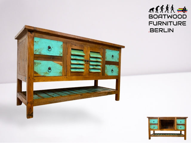 Boatwood by WMK I Nachhaltige Anrichte aus altem Bootsholz I handgefertigtes Unikat I Teakholz massiv I Schrank Sideboard Kommode Tresen Küchenschrank Büfett Buffet Flurkommode Berlin Rostock Hamburg