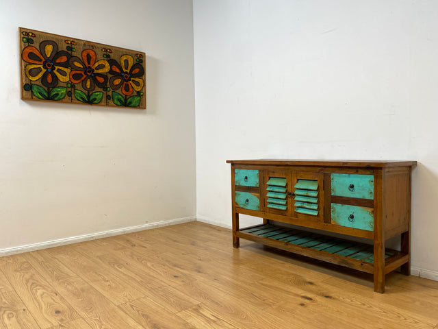 Boatwood by WMK I Nachhaltige Anrichte aus altem Bootsholz I handgefertigtes Unikat I Teakholz massiv I Schrank Sideboard Kommode Tresen Küchenschrank Büfett Buffet Flurkommode Berlin Rostock Hamburg