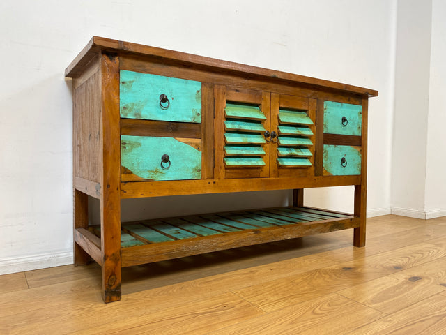 Boatwood by WMK I Nachhaltige Anrichte aus altem Bootsholz I handgefertigtes Unikat I Teakholz massiv I Schrank Sideboard Kommode Tresen Küchenschrank Büfett Buffet Flurkommode Berlin Rostock Hamburg