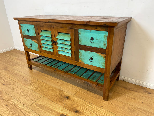 Boatwood by WMK I Nachhaltige Anrichte aus altem Bootsholz I handgefertigtes Unikat I Teakholz massiv I Schrank Sideboard Kommode Tresen Küchenschrank Büfett Buffet Flurkommode Berlin Rostock Hamburg