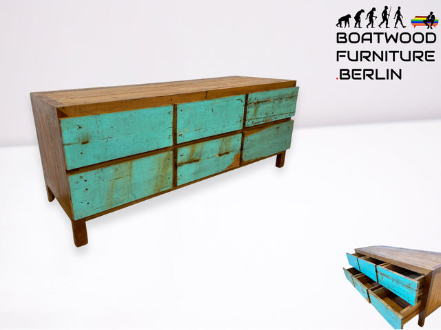 Boatwood by WMK I Nachhaltiges Sideboard handgefertigt aus altem Bootsholz mit Schubladen I Teakholz massiv I Lowboard Kommode Bank Fernsehkommode TV Wäschekommode Bootsmöbel Berlin Bochum Rostock