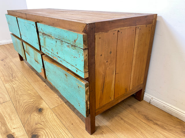 Boatwood by WMK I Nachhaltiges Sideboard handgefertigt aus altem Bootsholz mit Schubladen I Teakholz massiv I Lowboard Kommode Bank Fernsehkommode TV Wäschekommode Bootsmöbel Berlin Bochum Rostock