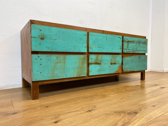 Boatwood by WMK I Nachhaltiges Sideboard handgefertigt aus altem Bootsholz mit Schubladen I Teakholz massiv I Lowboard Kommode Bank Fernsehkommode TV Wäschekommode Bootsmöbel Berlin Bochum Rostock