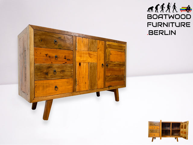 Boatwood by WMK I Nachhaltiges Sideboard aus altem Bootsholz mit Schubladen I handgefertigtes Unikat I Teakholz massiv I Schrank Wäschekommode Kommode Anrichte TV Lowboard Bootsmöbel Teak Berlin Köln