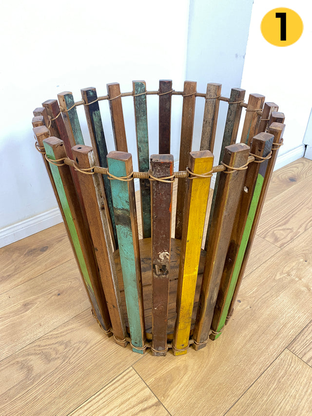 Boatwood by WMK # 1/3 Einzigartiger Papierkorb aus altem Bootsholz, ein handgefertigtes Unikat aus Teakholz , ⌀45cm # bunter Papiereimer Eimer Abfalleimer Korb Mülleimer Müllkorb Blumentopf Upcycling